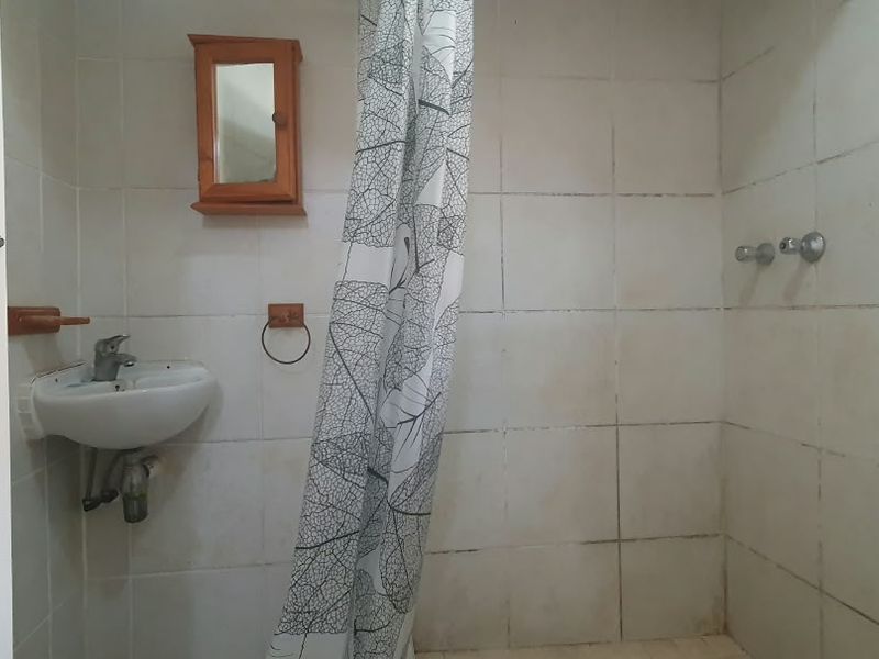 A compact bathroom featuring tiled walls, a wall-mounted basin, and a shower area, requiring cosmetic updates to improve its overall condition.