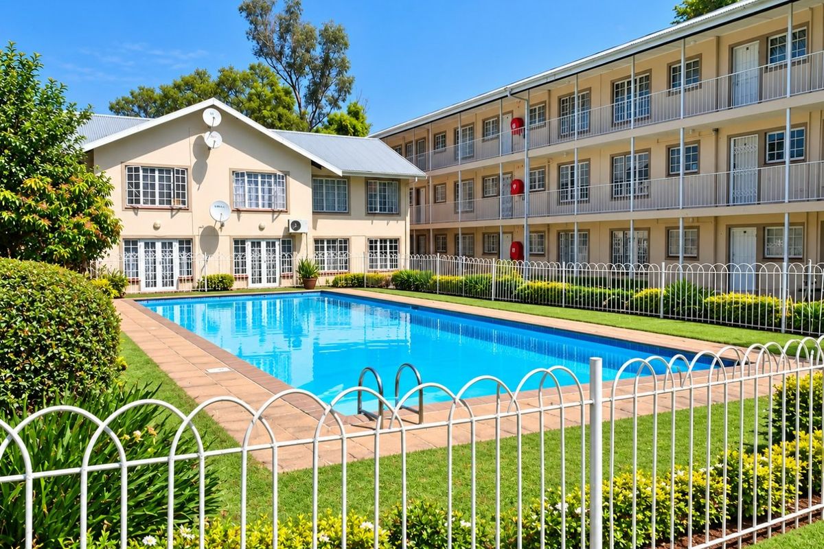 A well-maintained communal swimming pool area featuring a clear blue pool, metal safety fencing, and views of the surrounding apartment complex.