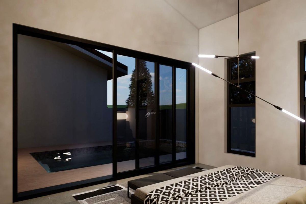 Modern bedroom featuring large sliding glass doors opening to a private pool area, complemented by contemporary lighting and clean architectural lines.