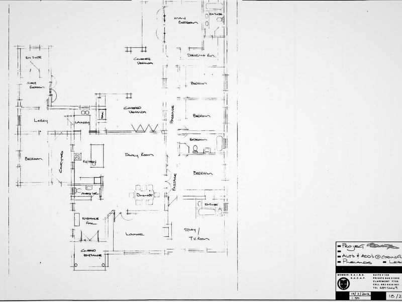 Architectural floor plan showing the layout of the ground floor, including bedrooms, living areas, kitchen, and outdoor spaces.