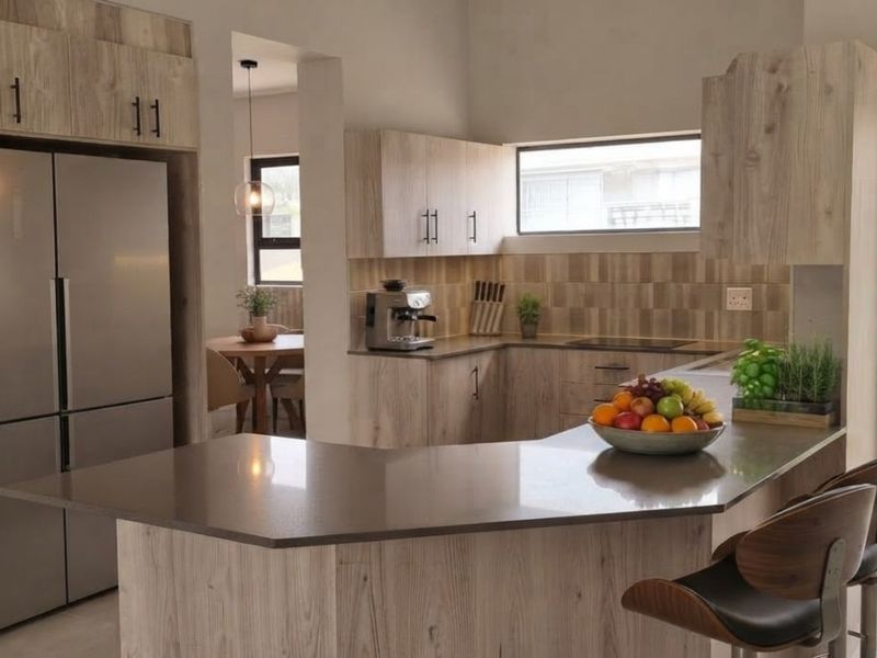 Modern kitchen featuring light wood-grain cabinetry, stone countertops, a breakfast bar, and a tiled backsplash, with direct access to the garden.