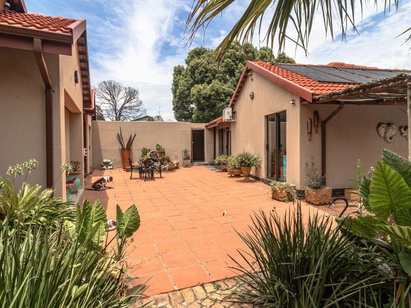 A spacious rear courtyard featuring terracotta tiling, established garden beds, and direct access to the home via glass sliding doors.