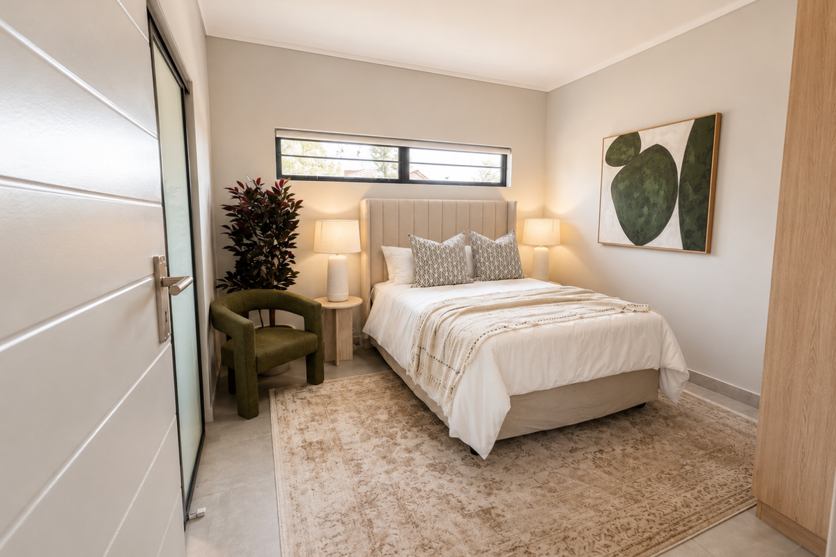 A modern, well-lit bedroom featuring neutral tones, tiled flooring, a horizontal clerestory window, and built-in cabinetry.