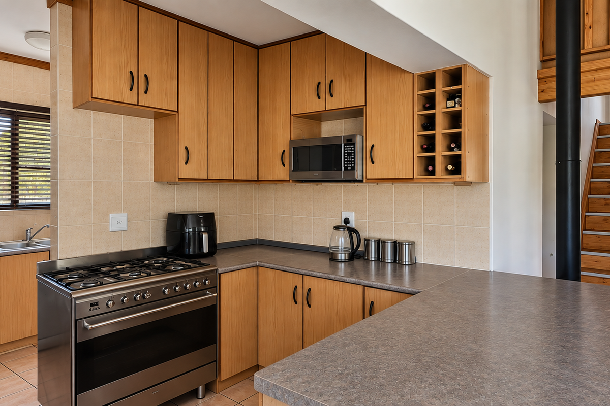 A functional kitchen featuring light wood cabinetry, gas stove, built-in microwave, and a breakfast bar, adjacent to a wooden staircase leading to a loft area.