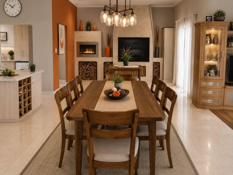 Spacious dining area featuring a built-in fireplace with integrated wood storage, modern pendant lighting, and polished tile flooring.