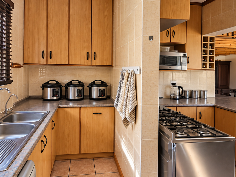 Functional kitchen featuring wooden cabinetry, laminate countertops, tiled splashback, and a stainless steel gas stove, with an open-plan layout connecting to the living area.