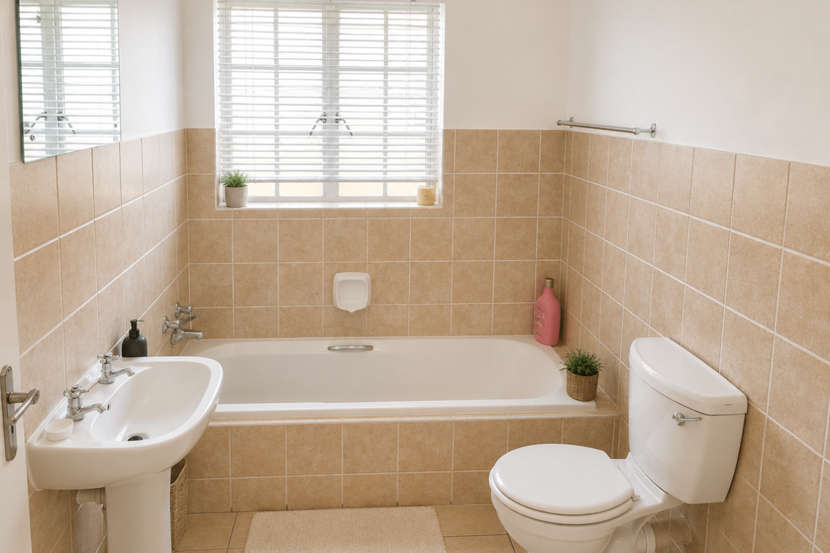 A functional bathroom featuring a pedestal basin, built-in bathtub, and toilet with neutral wall and floor tiling.