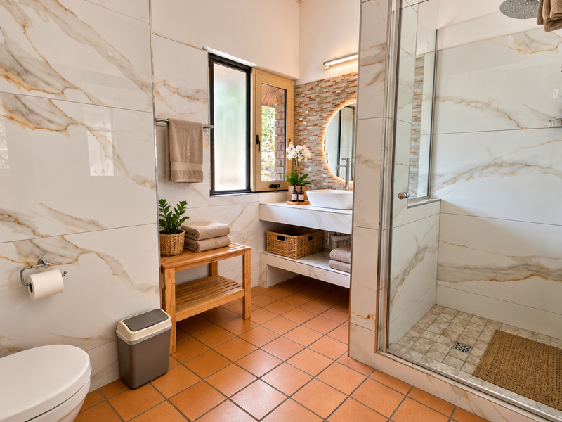 Modern bathroom featuring marble-look wall tiles, a walk-in glass shower, floating vanity with vessel sink, and warm terracotta floor tiles.