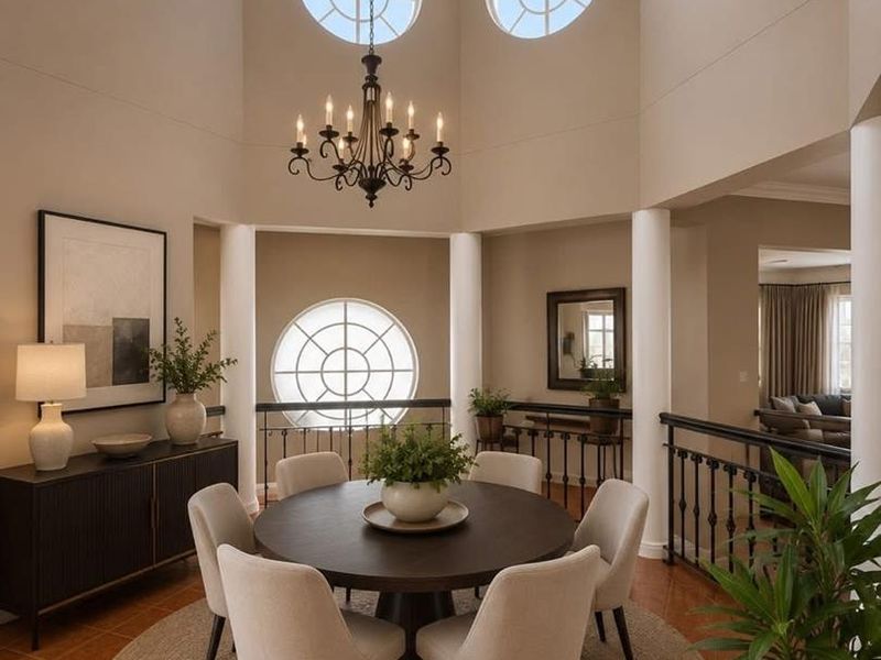Elegant dining area featuring a double-volume vaulted ceiling, distinctive circular windows, a classic wrought iron chandelier, and a decorative balustrade overlooking the lower level.