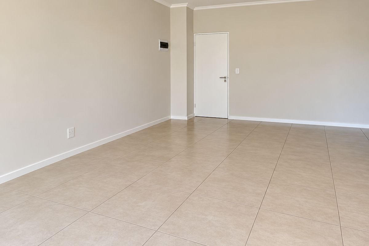 A bright, empty living room featuring neutral walls, tiled flooring, and clean architectural finishes, providing a versatile blank canvas for interior design.
