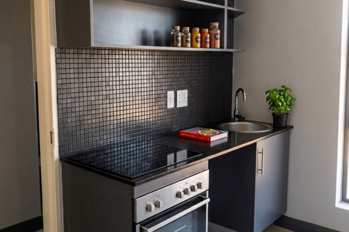 Modern compact kitchen featuring dark cabinetry, mosaic tile backsplash, built-in oven with electric hob, and polished concrete flooring.