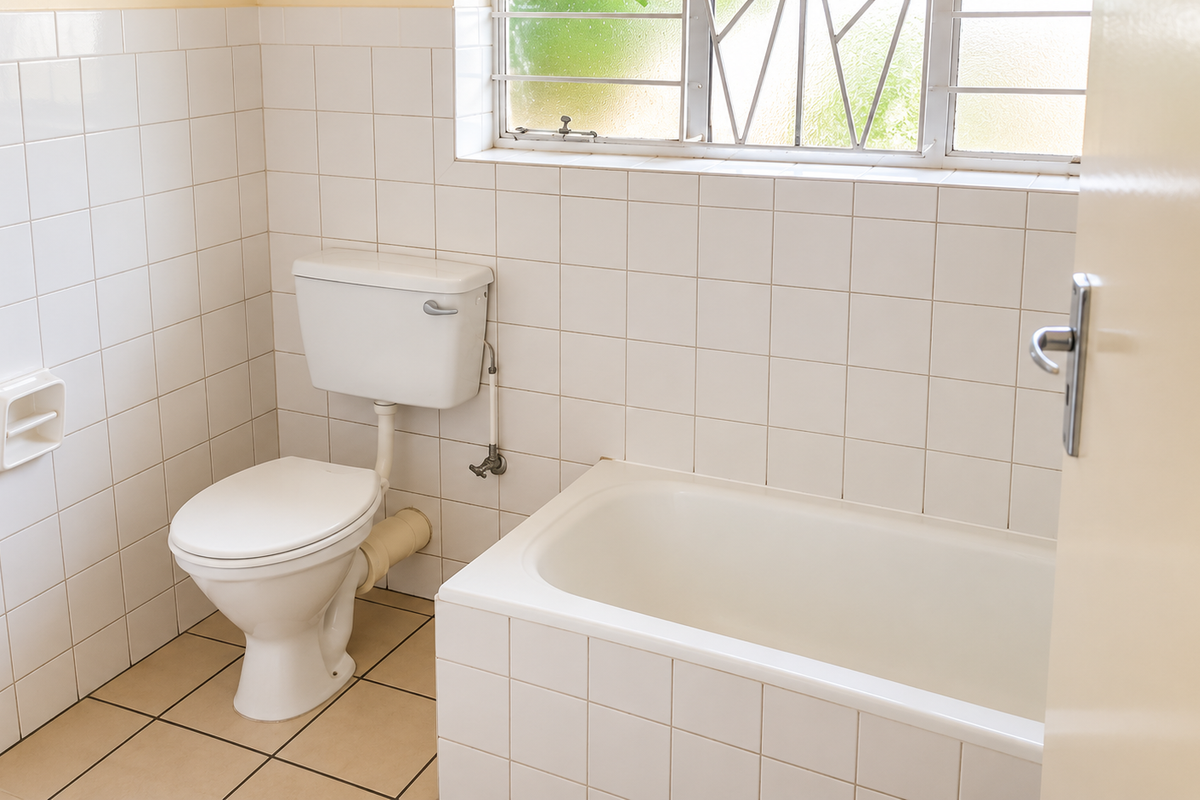 A functional bathroom featuring a built-in bathtub, white wall tiling, and a standard toilet, offering a clean and simple layout.