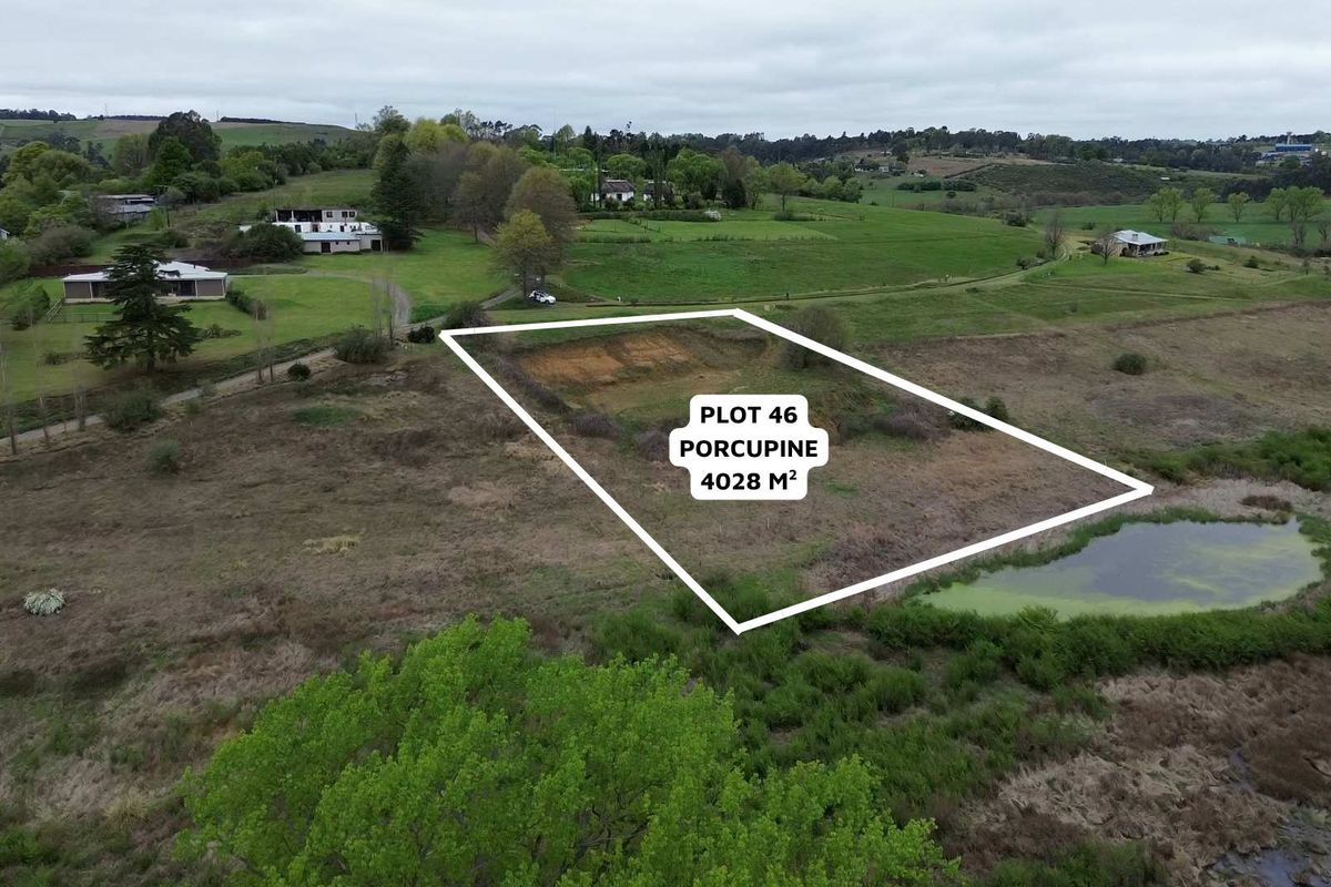 Aerial view of a 4028 square meter vacant residential plot featuring natural landscape and an adjacent pond.