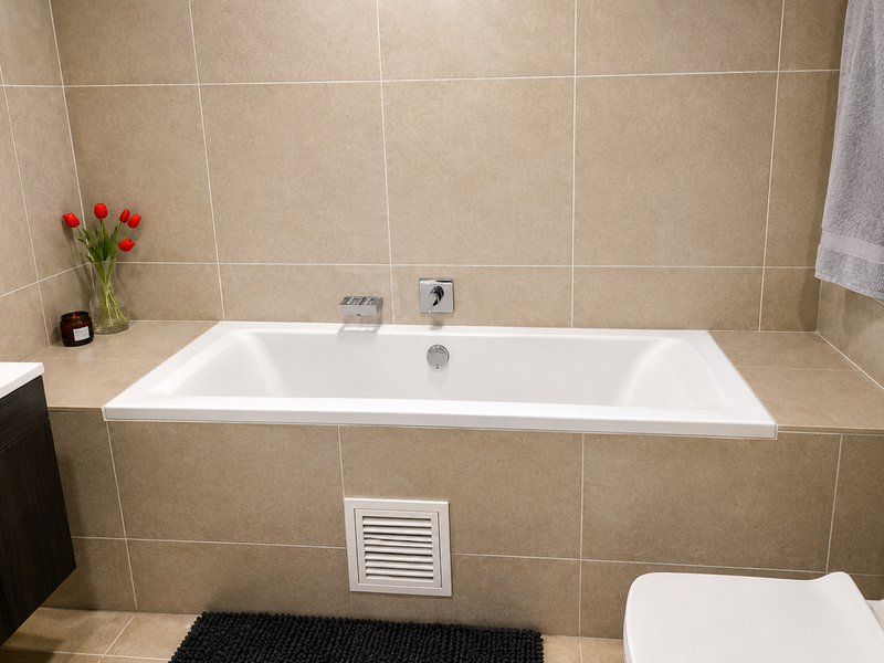A modern bathroom featuring a clean built-in bathtub with chrome fixtures and neutral-toned wall tiling.