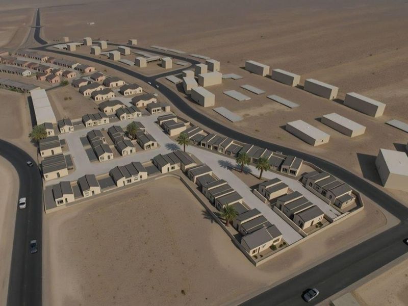 Aerial view of a residential townhouse development featuring multiple units, paved access roads, and boundary walls in a desert landscape setting.