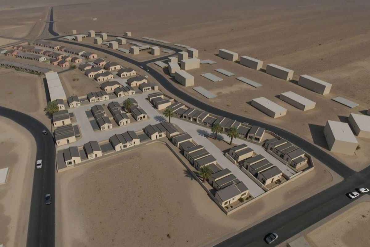 Aerial view of a residential townhouse development featuring multiple units, paved access roads, and boundary walls in a desert landscape setting.