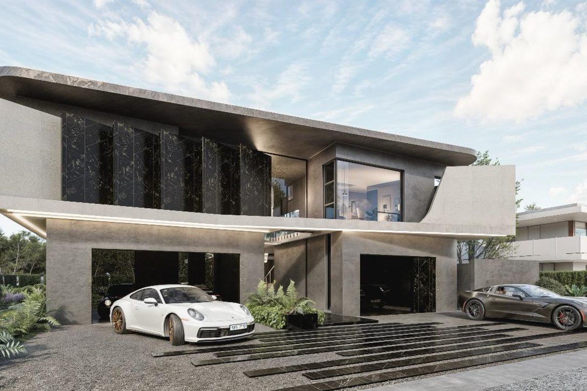 Modern luxury residence featuring a striking concrete and marble facade, integrated double garage, and expansive architectural glazing.