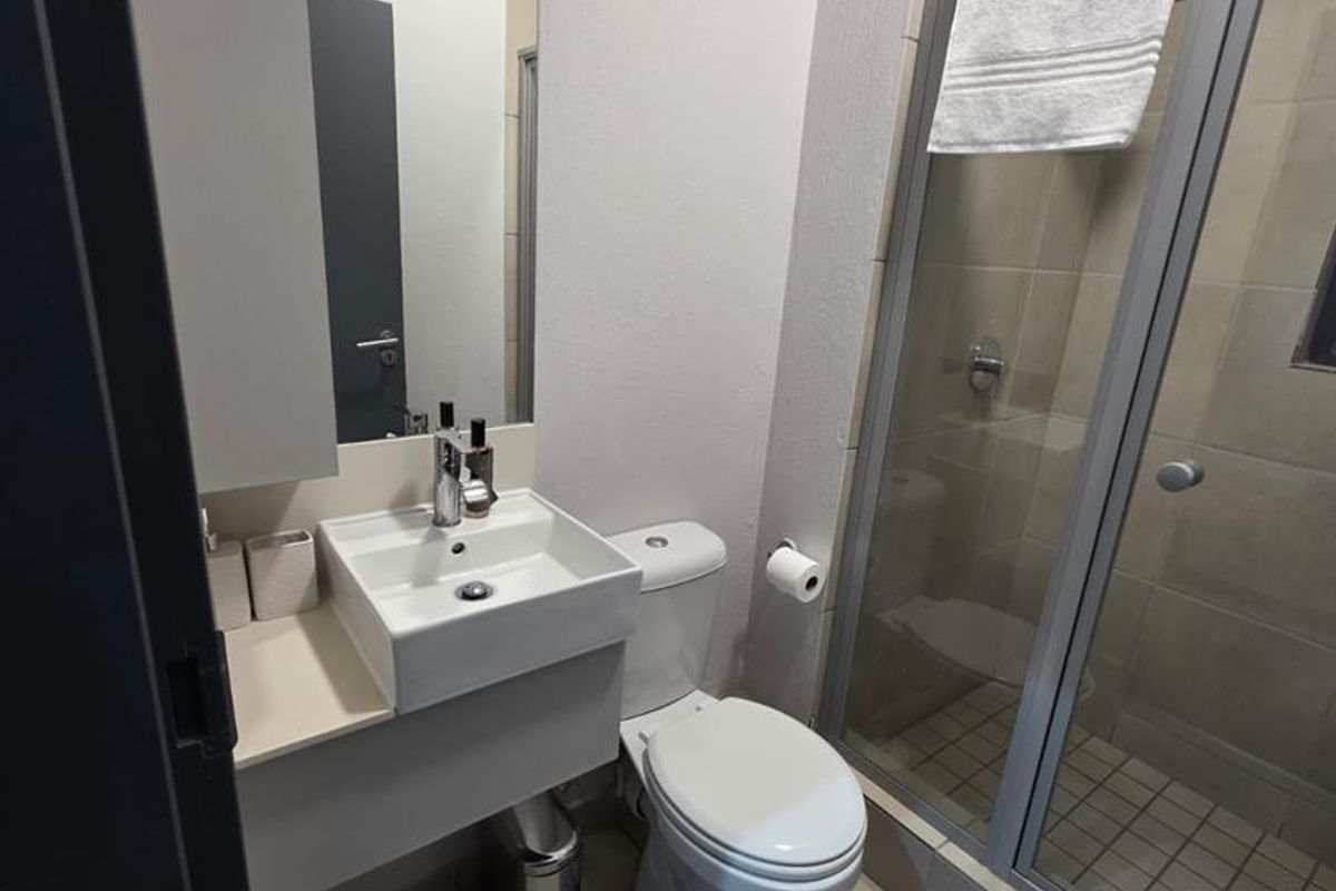 A compact, modern bathroom featuring a wall-mounted vanity with a ceramic basin, a close-coupled toilet, and a glass-enclosed shower with tiled finishes.