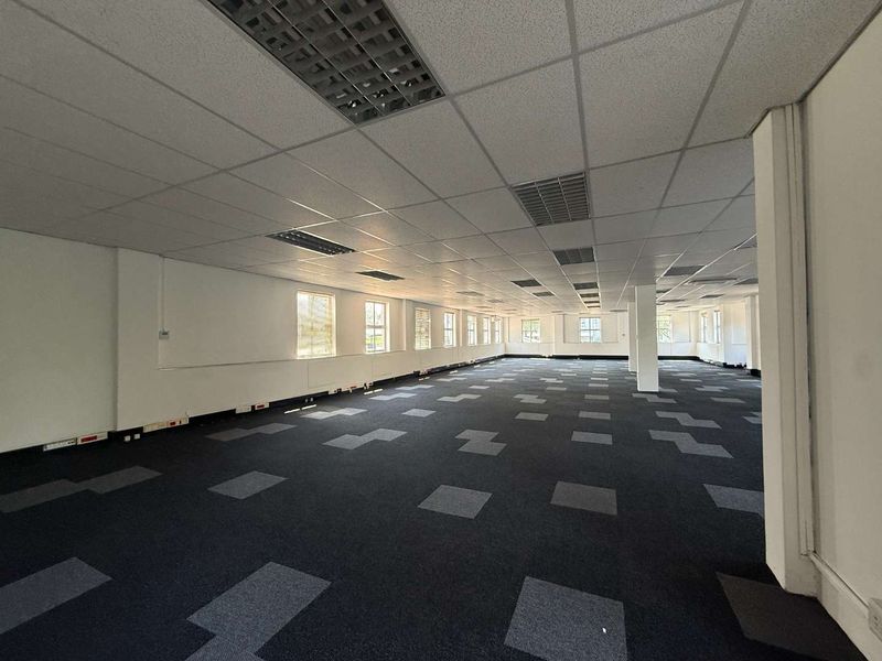 Spacious open-plan office area featuring suspended ceilings, recessed lighting, perimeter trunking, and modern carpet tiles, offering a clean and functional workspace.