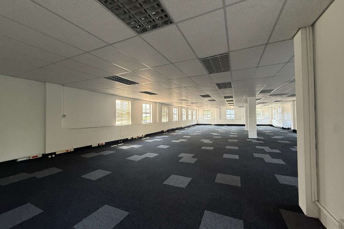 Spacious open-plan office area featuring suspended ceilings, recessed lighting, perimeter trunking, and modern carpet tiles, offering a clean and functional workspace.