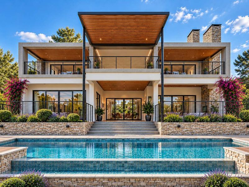 A luxurious rear exterior view featuring a modern two-story residence with a swimming pool, stone-clad retaining walls, and expansive covered balconies.