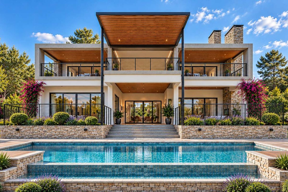 A luxurious rear exterior view featuring a modern two-story residence with a swimming pool, stone-clad retaining walls, and expansive covered balconies.