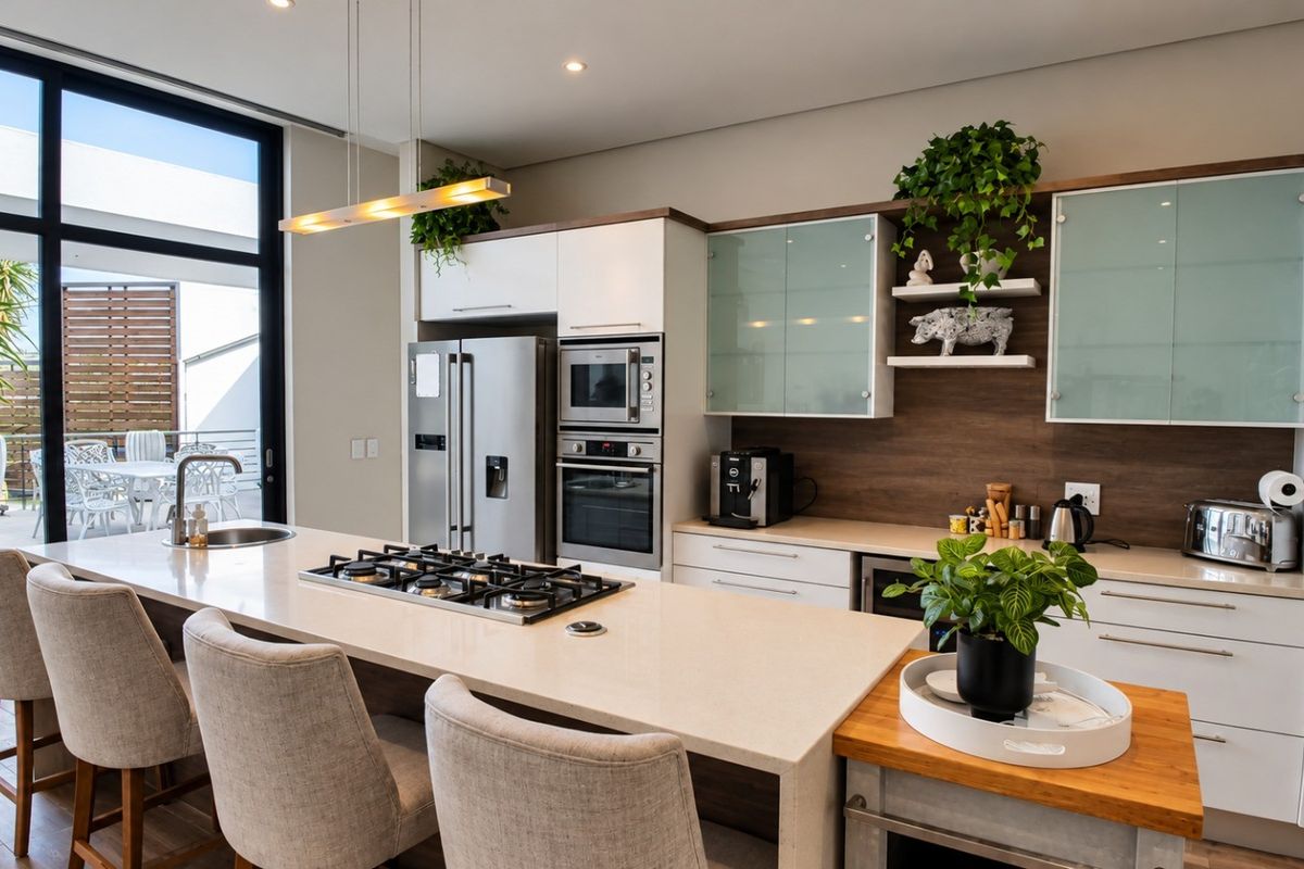 Modern kitchen featuring a large island with gas cooktop, stone countertops, integrated appliances, and sleek cabinetry, seamlessly connecting to an outdoor patio area.