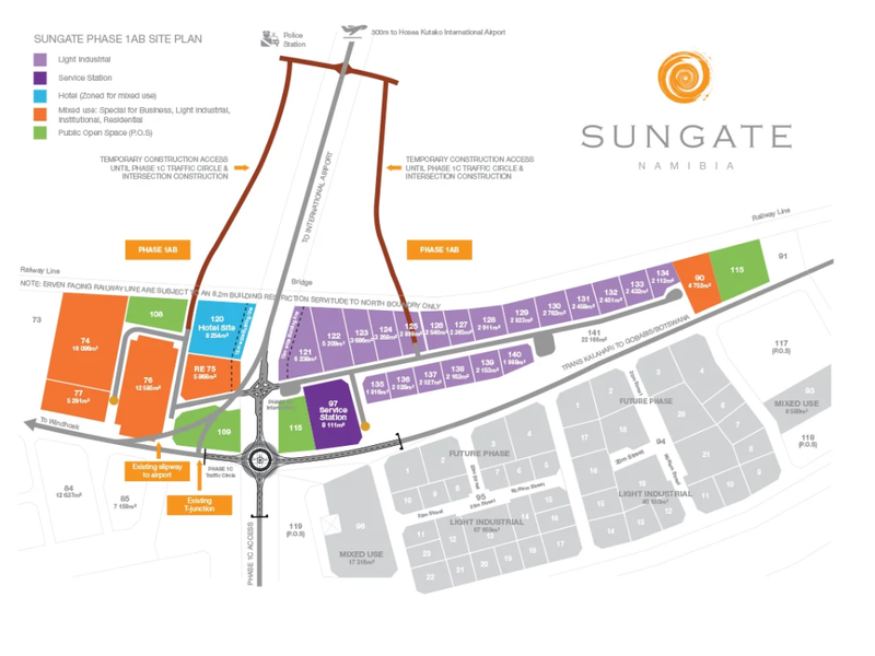A detailed site plan for the Sungate Phase 1AB commercial development, outlining various zoned plots, infrastructure, and access routes.