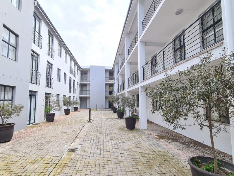 A view of the apartment complex courtyard featuring paved walkways, multi-level balconies with metal railings, and established potted trees.