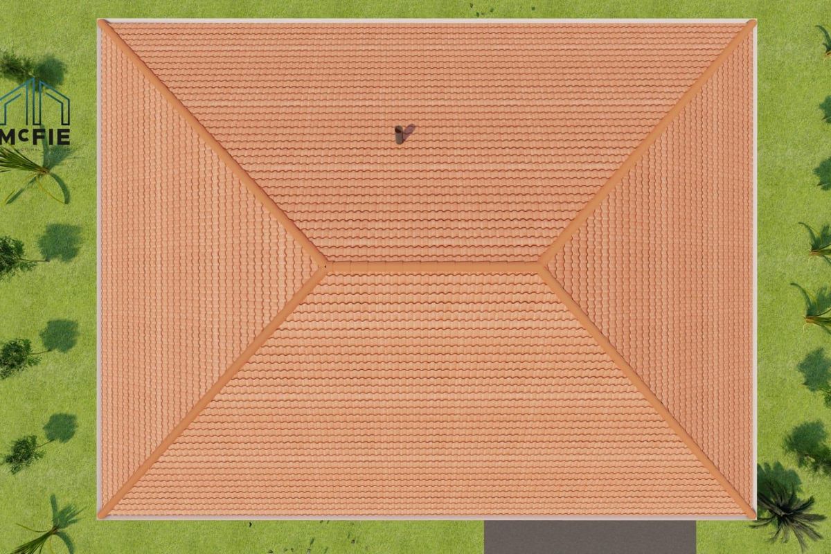 An aerial view of the property showing the hipped roof structure with terracotta tiles.