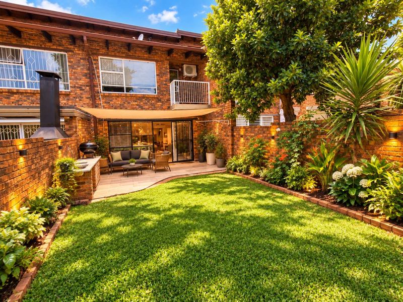 A well-maintained rear townhouse garden featuring a paved patio, built-in braai, lush lawn, and established landscaping with integrated wall lighting.