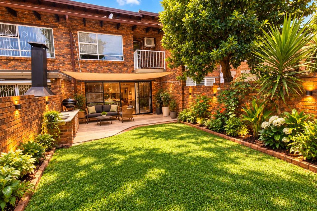 A well-maintained rear townhouse garden featuring a paved patio, built-in braai, lush lawn, and established landscaping with integrated wall lighting.