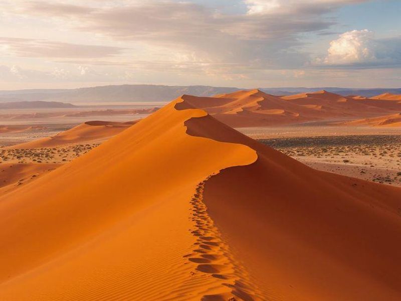 A scenic view of expansive desert sand dunes under a soft sunset sky, showcasing the natural landscape of the vacant land.