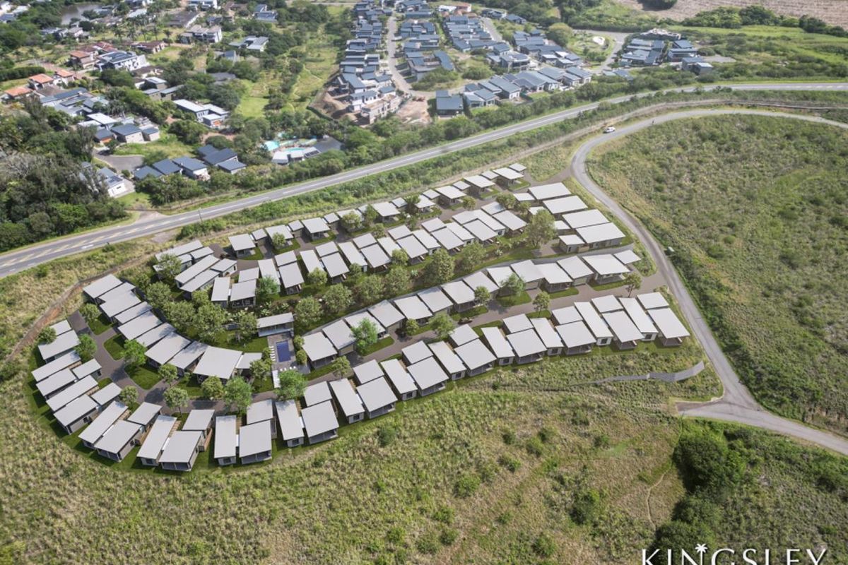 Aerial view of the Kingsley residential development, showcasing the layout of the townhouse units within the estate.