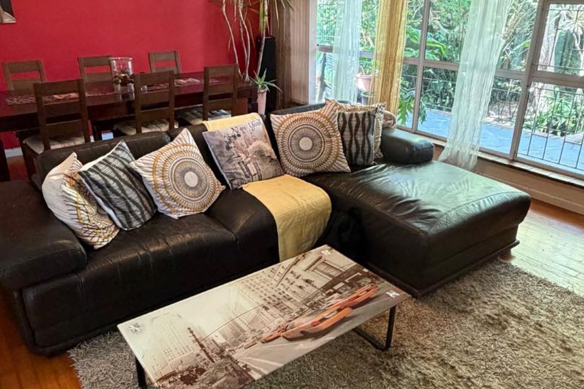 Spacious living area featuring large windows with garden views, timber flooring, and a bold accent wall, providing a bright and comfortable space.