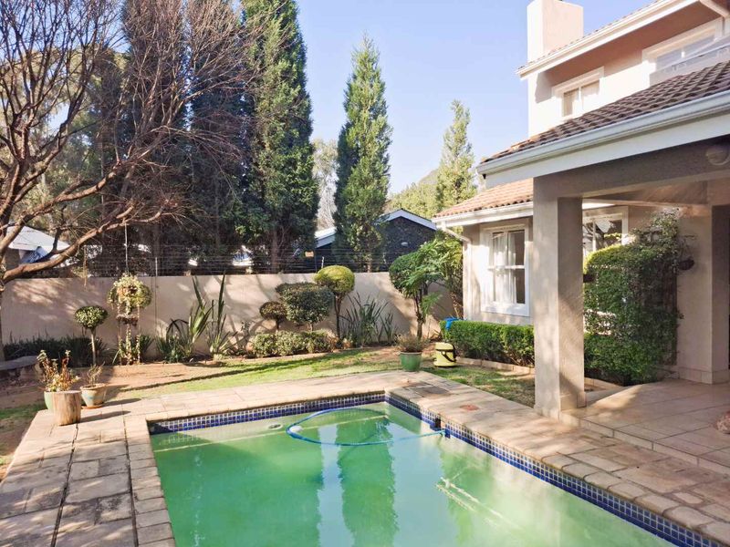 A private backyard featuring a swimming pool with paved surround, a covered patio area, and established garden landscaping with a boundary wall.