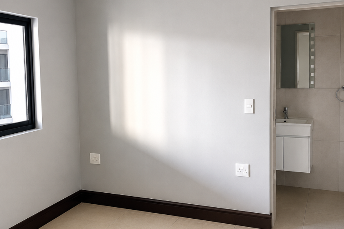 A bright, empty bedroom featuring neutral tiled flooring, dark skirting boards, and direct access to an en-suite bathroom with a modern vanity.