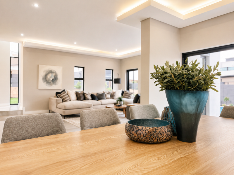 Spacious open-plan living and dining area featuring modern recessed ceiling lighting, cove lighting, and large sliding glass doors leading to the exterior.