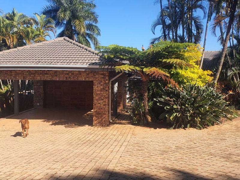 A well-maintained brick house exterior featuring a spacious paved driveway, double garage, and established garden surroundings.