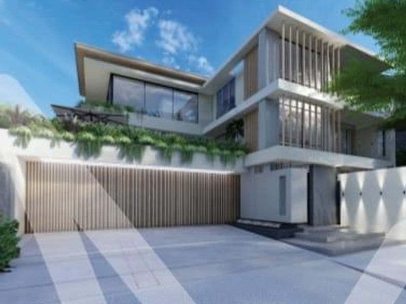 A contemporary multi-story residential facade featuring clean architectural lines, slatted timber detailing, integrated planters, and a spacious concrete driveway.