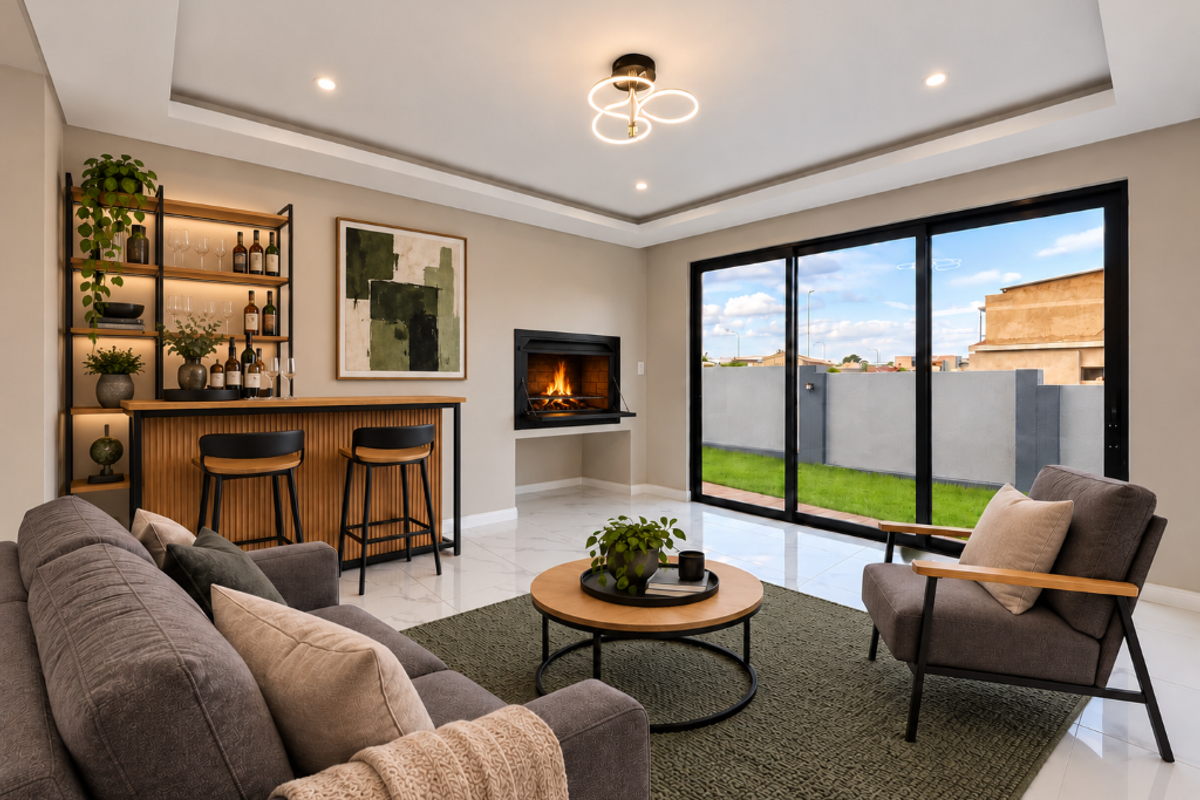 Modern living room featuring a built-in fireplace, integrated bar area, and large sliding glass doors that open to the outdoor space.