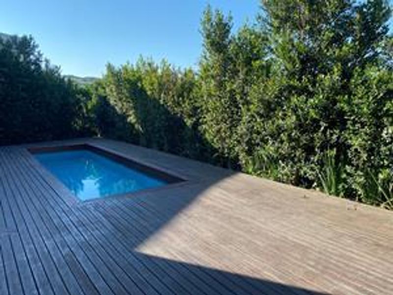 A well-maintained outdoor swimming pool area featuring extensive timber decking surrounded by mature privacy hedges.