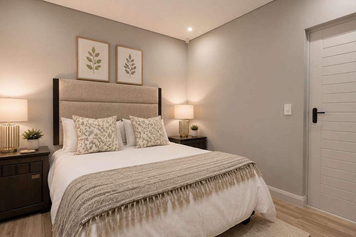 A well-maintained bedroom featuring neutral wall tones, recessed downlighting, and modern laminate flooring.