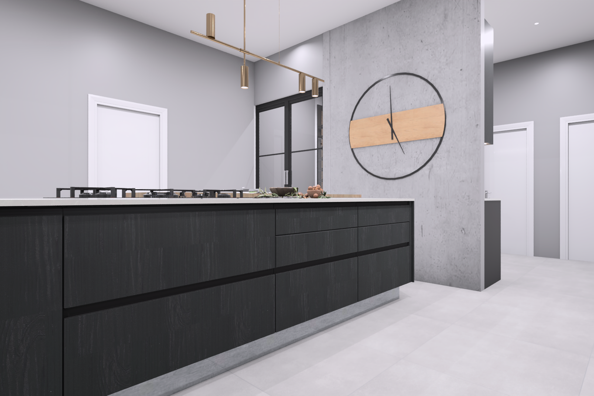 Modern kitchen featuring a sleek dark island with integrated gas cooktop, concrete-look feature wall, and minimalist cabinetry in a contemporary open-plan space.