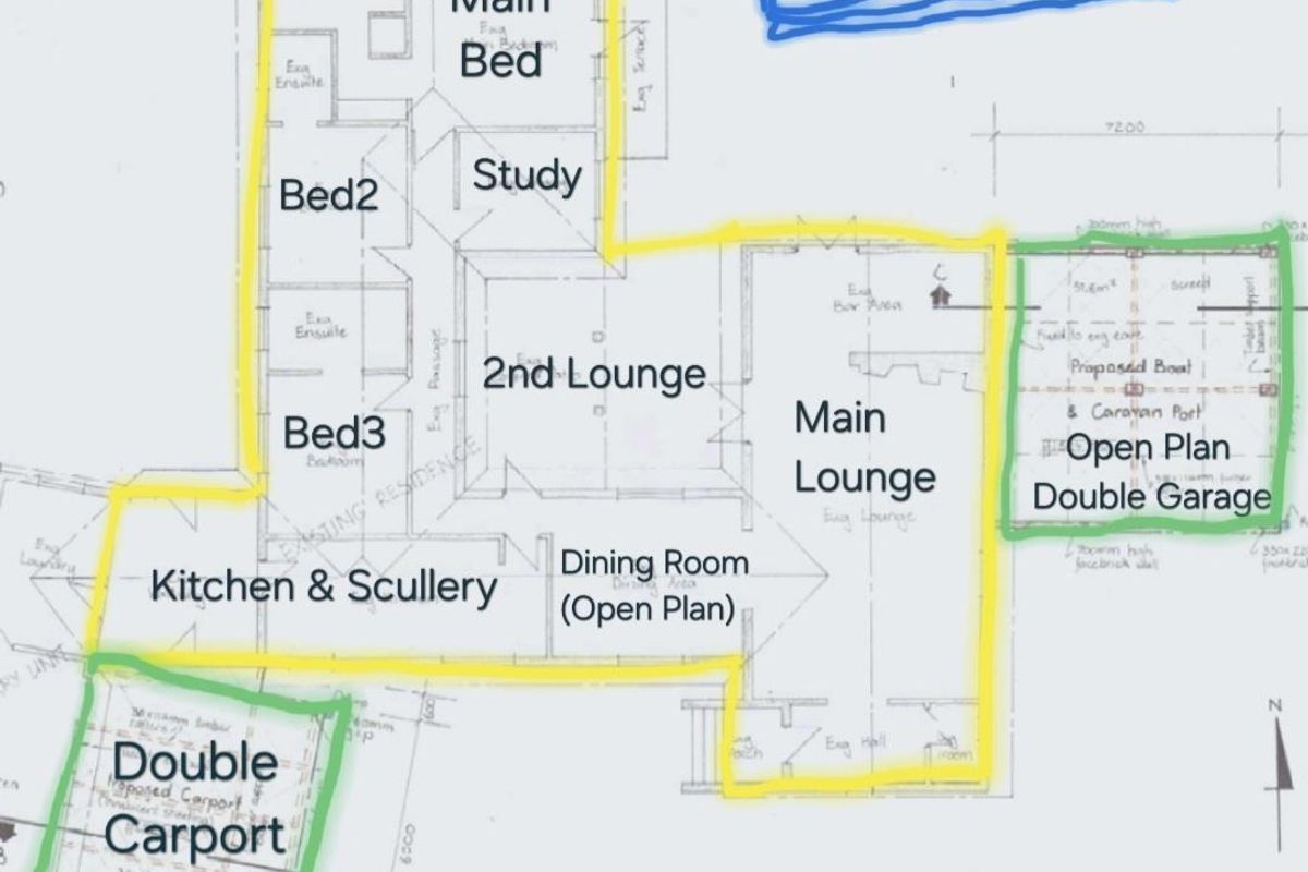 A marked-up architectural floor plan showing the layout of the residence, including living areas, bedrooms, kitchen, and proposed extensions.