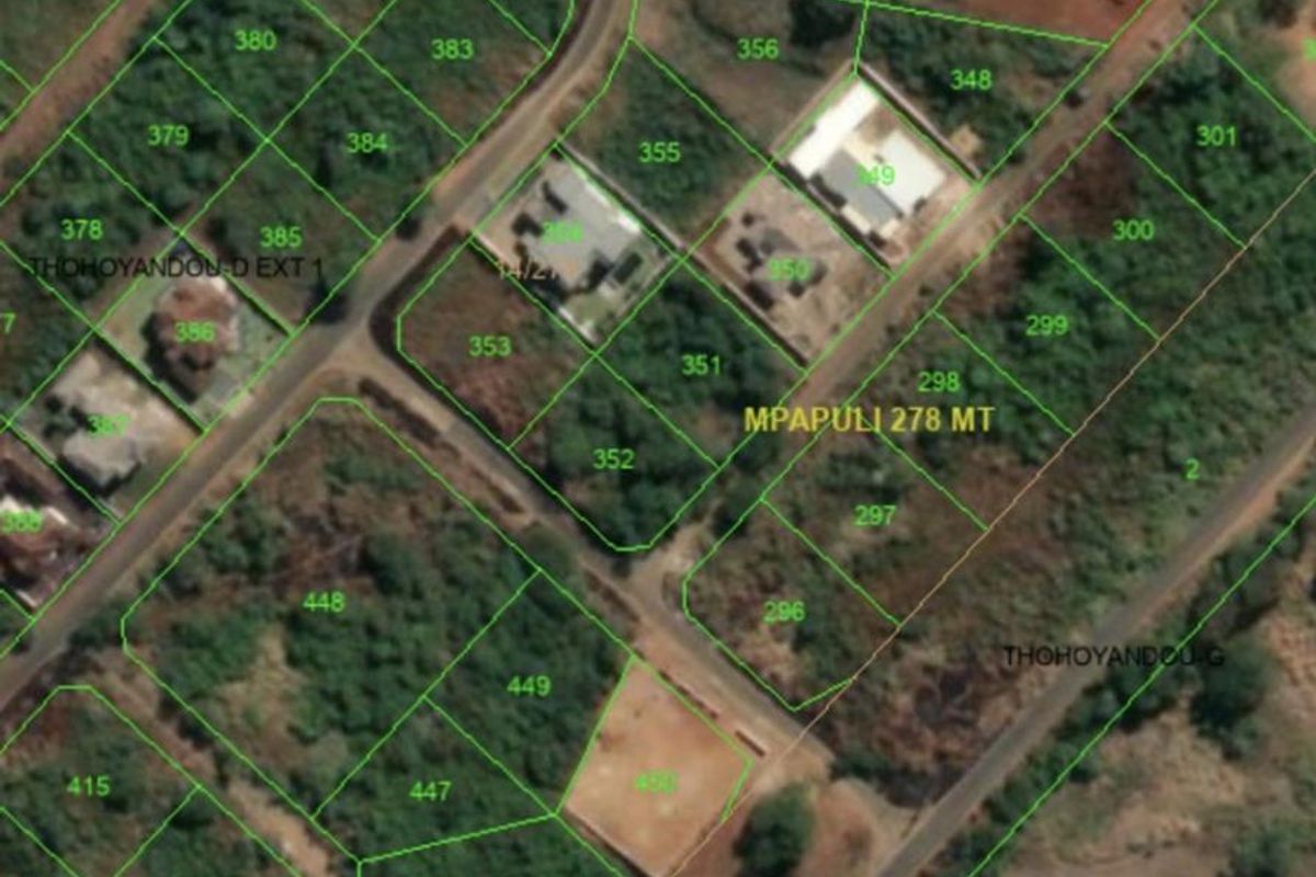 An aerial satellite view showing the layout of residential plots and surrounding infrastructure in the Thohoyandou area.