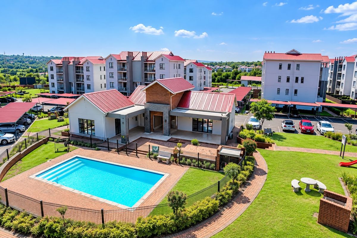 Aerial view of an apartment complex featuring a communal swimming pool, landscaped gardens, paved patio areas, and covered parking facilities.