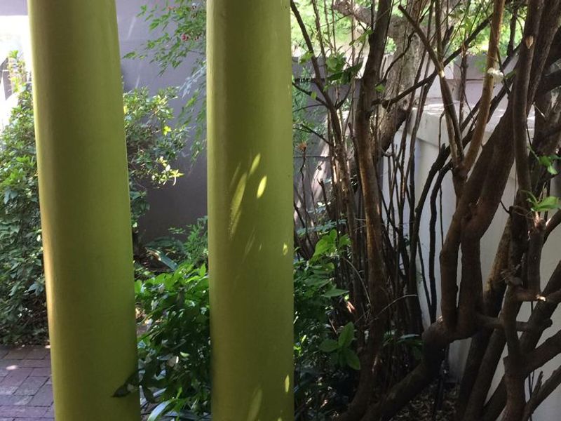 A private garden area featuring brick paving, established greenery, and structural columns against a boundary wall.