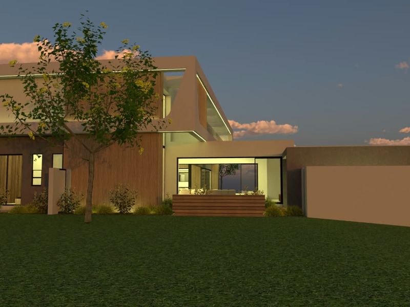 A modern architectural rear elevation featuring timber cladding, expansive glass sliding doors, and integrated exterior lighting at dusk.
