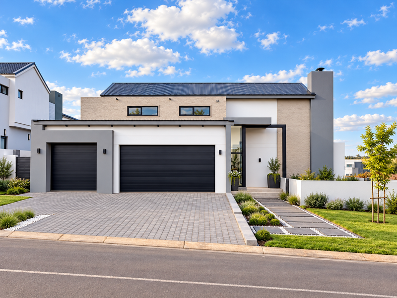 Modern double-story residence featuring a double garage, paved driveway, stone-clad facade, and a well-maintained landscaped garden with a contemporary stepped entrance path.